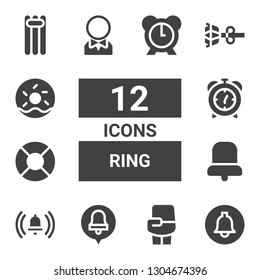 ring icon set. Collection of 12 filled ring icons included Notification, Boxing, Alarm bell, Bell, Lifesaver, Alarm clock, Groom, Earrings, Doughnut, Floating, Alarm