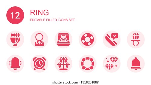 Ring Icon Set. Collection Of 12 Filled Ring Icons Included Bouquet, Groom, Ring, Lifesaver, Phone Call, Bell, Alarm, Bracelet, Lifebuoy, Diamond, Pop