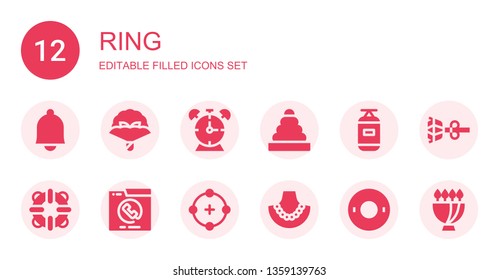 Ring Icon Set. Collection Of 12 Filled Ring Icons Included Bell, Bouquet, Alarm Clock, Rings, Punching Bag, Lifesaver, Phone Call, Circle, Pearl Necklace, Float, Earrings