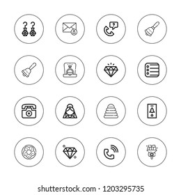 Ring icon set. collection of 16 outline ring icons with bell, bride, bouquet, call, doughnut, earrings, diamond, emergency phone, gem, notification, phone call, ring icons.