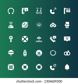 ring icon set. Collection of 25 filled ring icons included Bell, Phone call, Lifesaver, Wedding rings, Pearl necklace, Doughnut, Punching bag, Bouquet, Notification, Diamond, Boxing