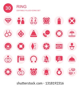 ring icon set. Collection of 30 filled ring icons included Diamond, Bride, Earrings, Alarm, Punching bag, Rings, Pendant, Call, Lifesaver, Doughnut, Bracelet, Hotel signal, Piercing