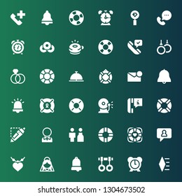 ring icon set. Collection of 36 filled ring icons included Diamond, Alarm, Rings, Bell, Bride, Pendant, Notification, Lifebuoy, Lifesaver, Groom, d printing pen, Phone call, Ring bell