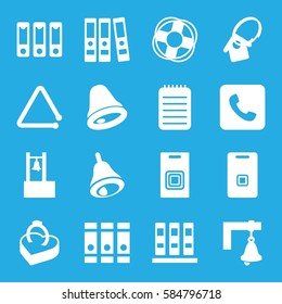 ring icons set. Set of 16 ring filled icons such as binder, notebook, triangle musical instrument, door ringer, call, ring in box, bell, home key tag, door bell