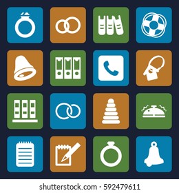 ring icons set. Set of 16 ring filled icons such as pyramid, rings, notebook, call, binder, home key tag, bell