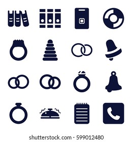 ring icons set. Set of 16 ring filled icons such as pyramid, Bell, binder, rings, notebook, door ringer, call, engagement rings, bell