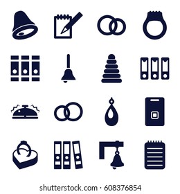 Ring icons set. set of 16 ring filled icons such as pyramid, earring, binder, notebook, door ringer, ring in box