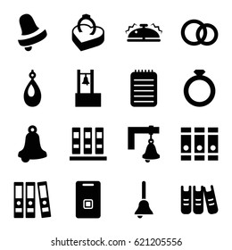 Ring icons set. set of 16 ring filled icons such as earring, Bell, binder, notebook, door ringer, ring in box