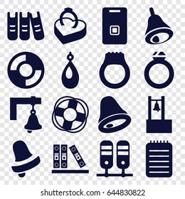 Ring icons set. set of 16 ring filled icons such as earring, bell, notebook, binder, door ringer, bell