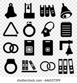 Ring icons set. set of 16 ring filled icons such as rings, notebook, binder, triangle musical instrument, door ringer, bell, engagement rings, home key tag, door bell