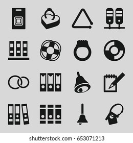Ring icons set. set of 16 ring filled icons such as binder, rings, notebook, triangle musical instrument, bell, home key tag, door bell