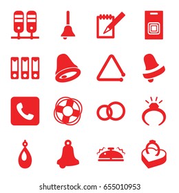 Ring icons set. set of 16 ring filled icons such as ring, bell, notebook, triangle musical instrument, binder, call, bell, door bell
