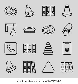 Ring icons set. set of 16 ring outline icons such as pyramid, bell, triangle musical instrument, door ringer, binder, call, bell, engagement rings, home key tag