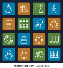 Ring icons set. set of 16 ring outline icons such as pyramid, ring, binder, notebook, home key tag, lifebuoy