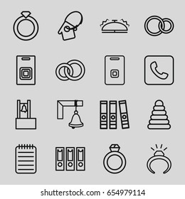 Ring icons set. set of 16 ring outline icons such as pyramid, ring, rings, notebook, call, home key tag, bell, door bell