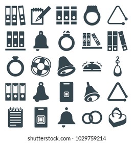Ring icons. set of 25 editable filled ring icons such as binder, bell, engagement ring, ring, notebook, triangle musical instrument, door bell, lifebuoy