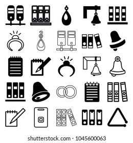 Ring icons. set of 25 editable filled and outline ring icons such as ring, earring, bell, binder, notebook, triangle musical instrument