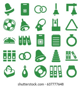 Ring icons set. set of 25 ring filled icons such as pyramid, earring, bell, binder, rings, notebook, triangle musical instrument, door ringer, bell, home key tag, door bell