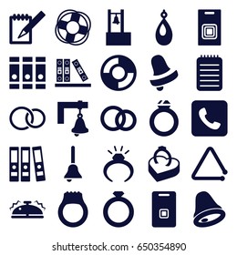Ring icons set. set of 25 ring filled icons such as ring, earring, bell, binder, rings, notebook, triangle musical instrument, door ringer, call, bell, door bell