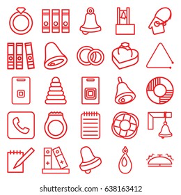 Ring icons set. set of 25 ring outline icons such as pyramid, earring, bell, binder, notebook, triangle musical instrument, door ringer, call, ring in box, bell, home key tag