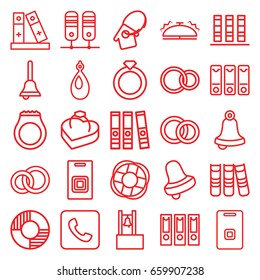 Ring icons set. set of 25 ring outline icons such as earring, bell, rings, binder, door ringer, call, ring in box, home key tag, bell, door bell