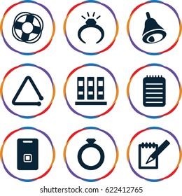 Ring icons set. set of 9 ring filled icons such as ring, notebook, triangle musical instrument, door ringer, bell, lifebuoy
