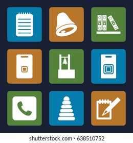 Ring icons set. set of 9 ring filled icons such as pyramid, notebook, binder, door ringer, call, door bell