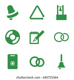 Ring icons set. set of 9 ring filled icons such as bell, rings, notebook, triangle musical instrument, door ringer, engagement rings, bell