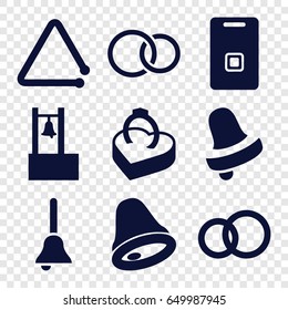 Ring icons set. set of 9 ring filled icons such as bell, rings, triangle musical instrument, door ringer