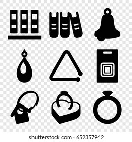 Ring icons set. set of 9 ring filled icons such as earring, triangle musical instrument, binder, home key tag, door bell
