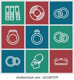 Ring icons set. set of 9 ring outline icons such as rings, engagement rings, home key tag, bell, lifebuoy