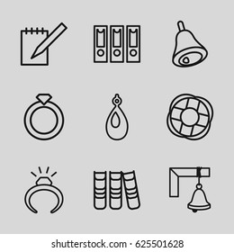 Ring icons set. set of 9 ring outline icons such as ring, earring, notebook, binder, bell