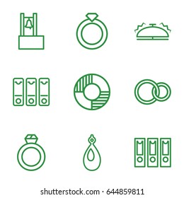 Ring icons set. set of 9 ring outline icons such as earring, rings, binder, bell, lifebuoy