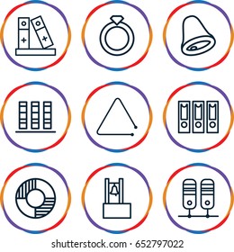 Ring icons set. set of 9 ring outline icons such as binder, triangle musical instrument, lifebuoy, bell