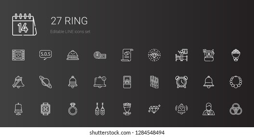 ring icons set. Collection of ring with bell, diamond, bouquet, boxing, engagement ring, heliport, notification bell, alarm clock, binder, saturn. Editable and scalable ring icons.