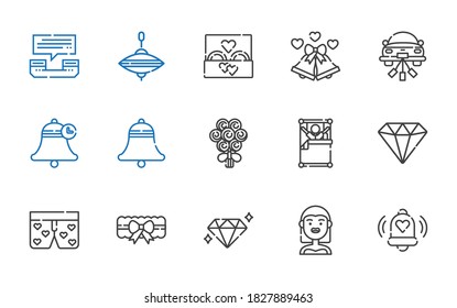 ring icons set. Collection of ring with bell, bride, diamond, garter, boxers, wake up, bouquet, wedding car, wedding bells, wedding ring, whirligig. Editable and scalable icons.