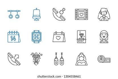 ring icons set. Collection of ring with boxing, bride, bouquet, phone call, diamond, wedding day, heliport, valentines day, wedding video, notification bell. Editable and scalable ring icons.