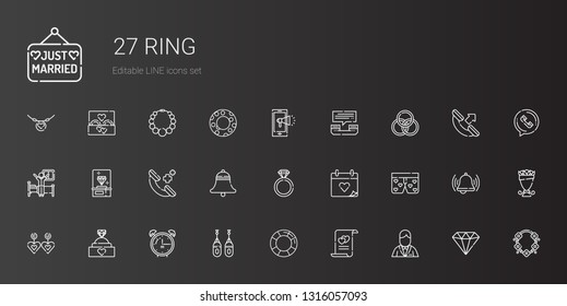 ring icons set. Collection of ring with groom, marriage, lifesaver, boxing, alarm clock, engagement ring, earrings, boxers, wedding day, bell. Editable and scalable icons.