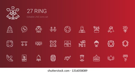 ring icons set. Collection of ring with just married, bouquet, diamond, heliport, notification, phone call, wake up, wedding ring, lifesaver. Editable and scalable icons.