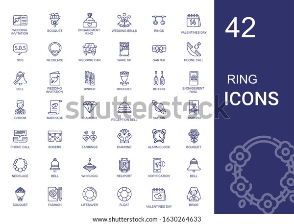 ring\
icons set. Collection of ring with wedding invitation, bouquet,\
engagement ring, wedding bells, rings, valentines day, sos,\
necklace, wedding car. Editable and scalable\
icons.