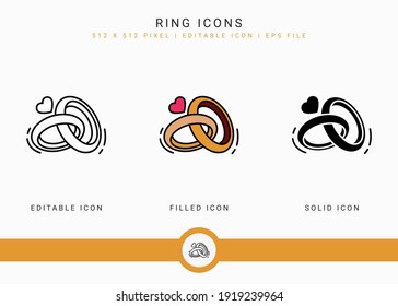 Los iconos de anillo establecen la ilustración vectorial con estilo de línea de icono sólido. Concepto de romance de amor de boda. Icono de trazo editable en fondo aislado para diseño web, interfaz de usuario y aplicación móvil