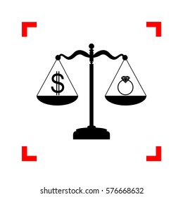 Ring jewelery and dollar symbol on scales. Black icon in focus c