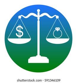 Ring jewelery and dollar symbol on scales. Vector. White icon in bluish circle on white background. Isolated.