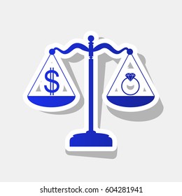 Ring jewelery and dollar symbol on scales. Vector. New year bluish icon with outside stroke and gray shadow on light gray background.