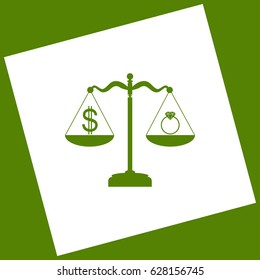 Ring jewelery and dollar symbol on scales. Vector. White icon obtained as a result of subtraction rotated square and path. Avocado background.