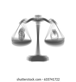 Ring jewelery and dollar symbol on scales. Vector. Gray icon shaked at white background.