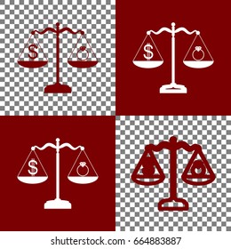 Ring jewelery and dollar symbol on scales. Vector. Bordo and white icons and line icons on chess board with transparent background.