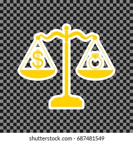 Ring jewelery and dollar symbol on scales. Vector. Yellow icon with white contour on dark transparent background.