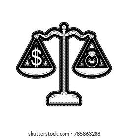Ring jewelery and dollar symbol on scales. Vector. Flat style black icon on white.
