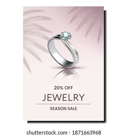 Ring Jewelry Accessory Promotional Banner Vector. Platinum Jewellery Ring With Diamond Stone, Expensive Elegance Gift On Advertising Poster. Shop Season Sale Style Concept Template Illustration